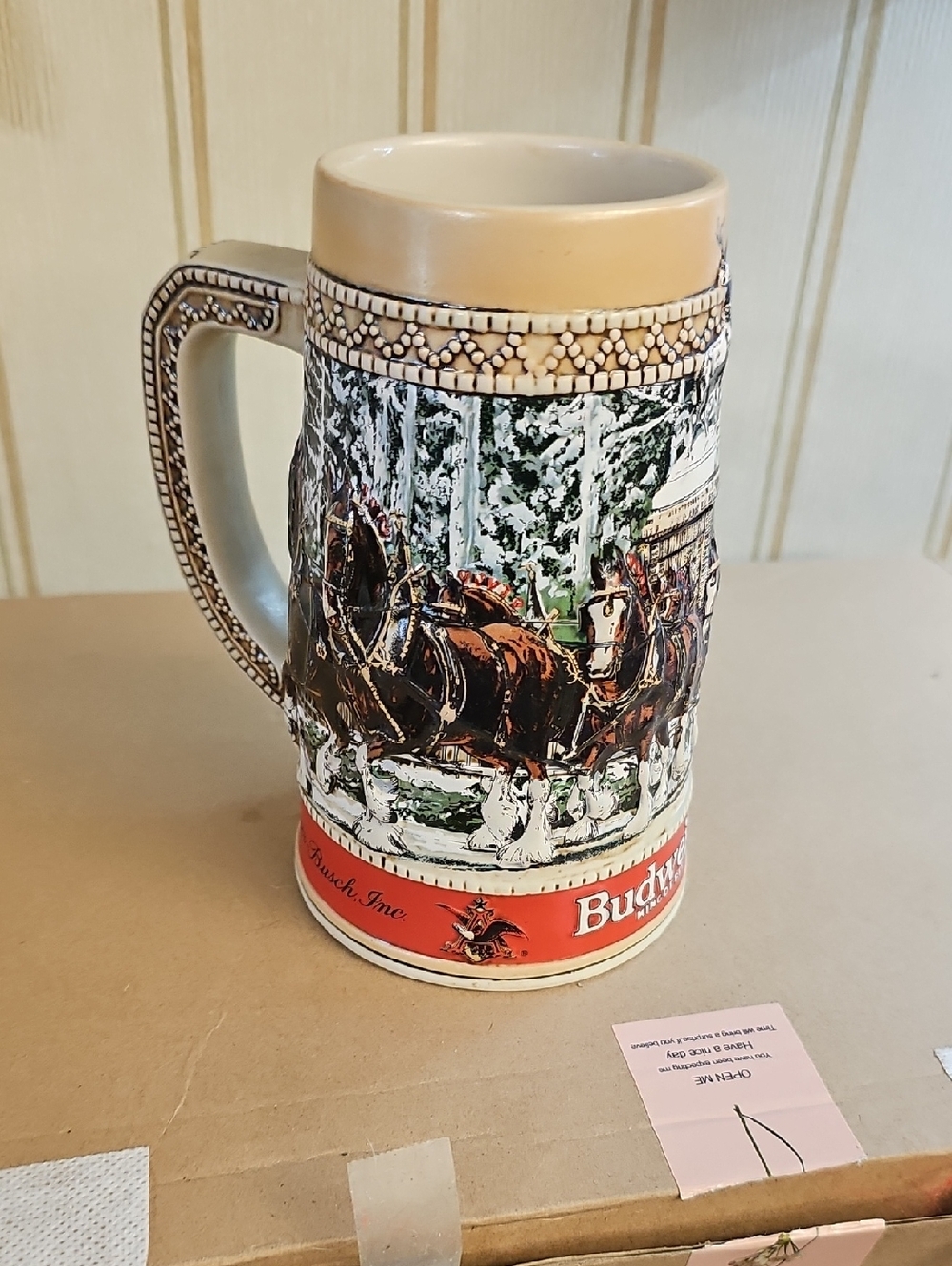 Budweiser Beige and Red Clydesdale Ceramic Stein